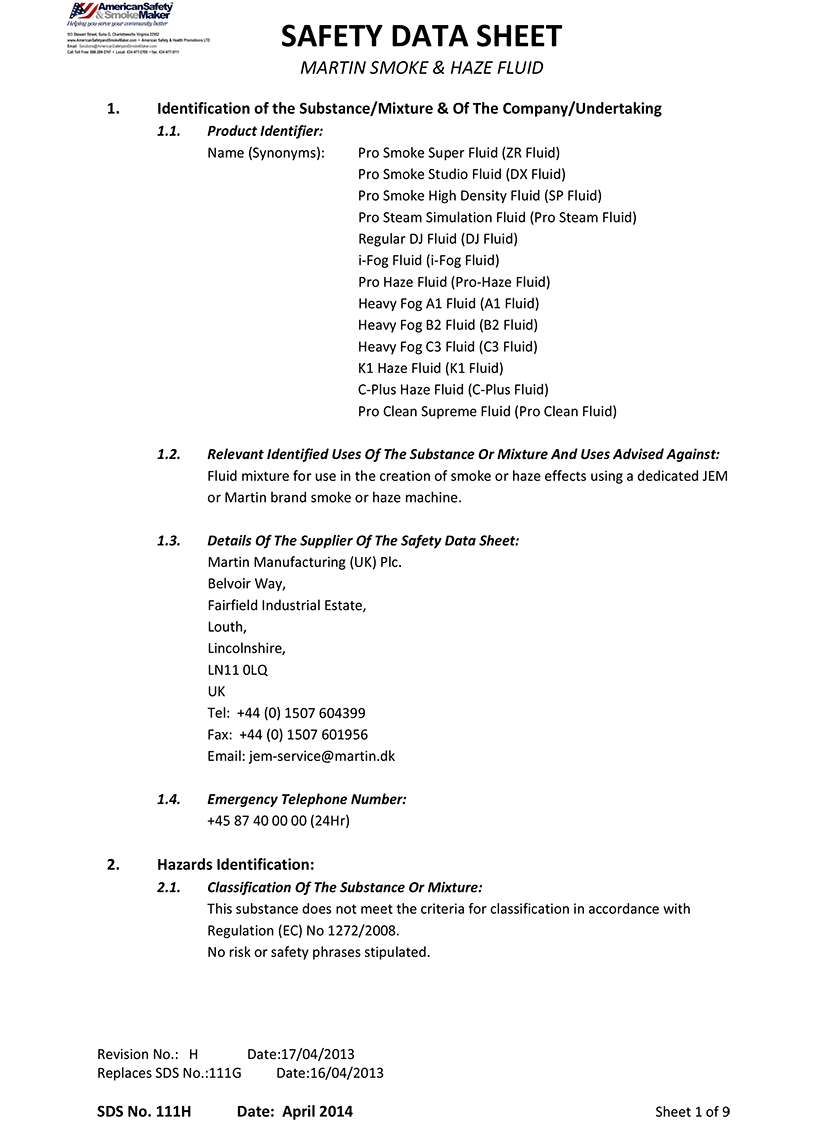 Safety Data Sheet Pro Smoke