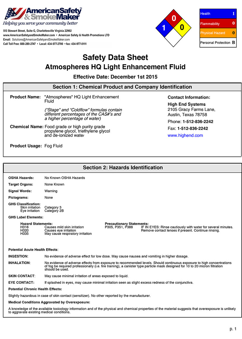 Smoke Fluids Safety Data Sheets (SDS)